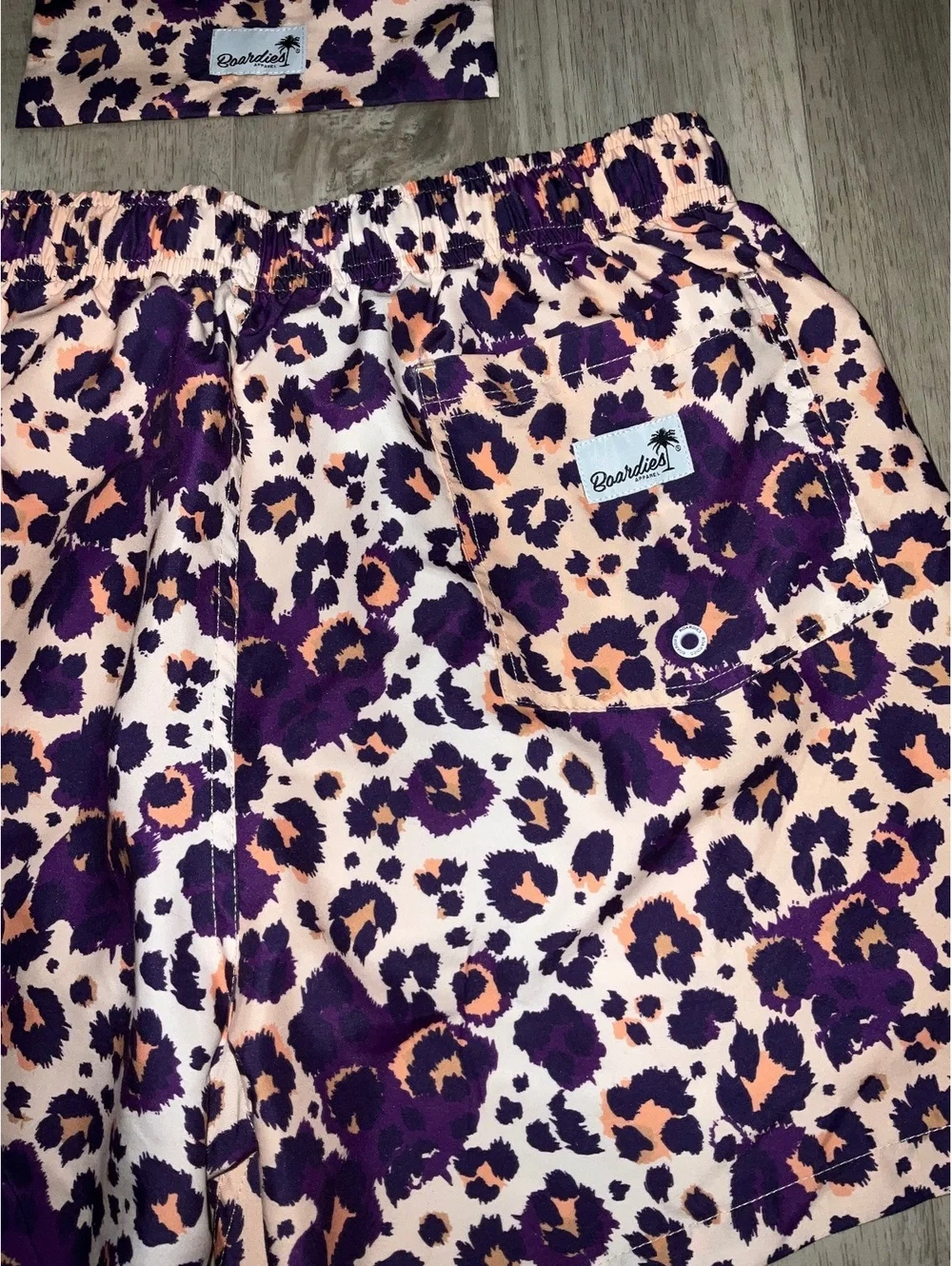 Boardies Men's Medium Purple and Leopard Print Swim Shorts with Carrying Pouch
